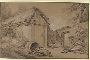 Farmyard, Charles Michel Ange Challe (French, Paris 1718–1778 Paris), Black and white chalk, gray wash, over a black chalk counterproof