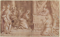 The Circumcision of Jesus, Giovanni Battista Trotti ("Il Malosso") (Italian, Cremona 1556–1619 Parma), Pen and brown ink, brush and brown and gray wash, highlighted with white; squared in black chalk