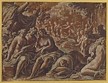 Nymphs Bathing, Marcantonio Bassetti (Italian, Verona 1586–1630 Verona), Brush and brown wash, heightened with white oil paint, on brown-washed paper