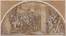 Triumphal Entry into a City, Francesco Salviati (Francesco de&#39; Rossi) (Italian, Florence 1510–1563 Rome), Pen and brown ink, brush and brown wash, highlighted with white, over black chalk, on beige paper