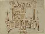 Design for a Garden Fête with a Semi-circular Wall and Statues in Niches., Francesco Allegrini (Italian, Cantiano (?) 1615/20–after 1679 Gubbio (?)), Pen and brown ink, brush and brown wash over traces of graphite; some strokes cancelled with white gouache