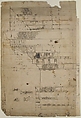 Forum of Nerva, entablature, elevation; cornice, elevation (recto) Forum of Nerva, architrave panel, ceiling plan, Corinthian, capital (verso), Drawn by Anonymous, French, 16th century, Dark brown ink, black chalk, and incised lines