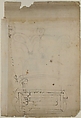 Forum of Nerva, entablature, elevation; cornice, elevation (recto) Forum of Nerva, architrave panel, ceiling plan, Corinthian, capital (verso), Drawn by Anonymous, French, 16th century, Dark brown ink, black chalk, and incised lines