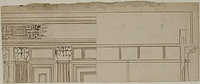 Unidentified building, elevation and section elevation (recto) Corinthian column base, elevation (verso), Drawn by Anonymous, French, 16th century, Dark brown ink, black chalk, and incised lines