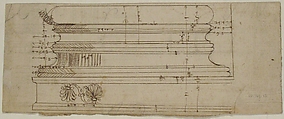 Unidentified building, elevation and section elevation (recto) Corinthian column base, elevation (verso), Drawn by Anonymous, French, 16th century, Dark brown ink, black chalk, and incised lines