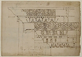 Domus Augustiana, cornice, elevation in profile, ornamental detailing (recto) Unidentified, cornice, elevation in profile, ornamental detailing (verso), Drawn by Anonymous, French, 16th century, Dark brown ink, black chalk, and incised lines