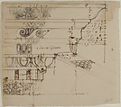 [Arch of Constantine], cornice, elevation in profile, ornamental detailing (recto) blank (verso), Drawn by Anonymous, French, 16th century, Dark brown ink, black chalk, and incised lines