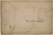 Forum of Nerva, colonnade, profiles of attic and entablature, architrave and column detail (recto) Arch of Constantine, plan (verso), Drawn by Anonymous, French, 16th century, Dark brown ink, black chalk, and incised lines