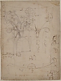 Unidentified Corinthian capital, elevation, section, and ceiling plan (recto) blank (verso), Drawn by Anonymous, French, 16th century, Dark brown ink, black chalk, and incised lines