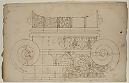 Unidentified, Ionic capital, elevation, front and side (recto) Unidentifed, Ionic capital, section, detail; Ionic capital, elevation, detail  (verso), Drawn by Anonymous, French, 16th century, Dark brown ink, black chalk, and incised lines