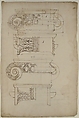 Unidentified, Ionic capitals, two front and side elevations (recto) Doric impost, elevation of entablature (verso), Drawn by Anonymous, French, 16th century, Dark brown ink, black chalk, and incised lines