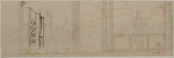 Unidentified building, ceiling or wall, painted frieze or decorative panels (recto) Unidentified building, cornice (verso), Drawn by Anonymous, French, 16th century, Dark brown ink, black chalk, and incised lines