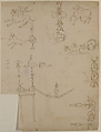 Domus Aurea, cryptoporticus, grotteschi, details (recto) blank (verso), Drawn by Anonymous, French, 16th century, Dark brown ink, black chalk, and incised lines