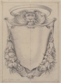 Design for a Cartouche Surmounted by a Lion's Head in Scrollwork Suspending Swags of Fruit and Leaves, Carlo Bianconi Italian, Black chalk and leadpoint