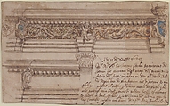 Design for Painted Corner and Frieze of the Choir in the Church of the Servi in Bologna, Giovanni Andrea Castelli (Italian, active in Bologna first half 17th century), Pen and brown ink, brush and blue, green, orange and brown wash over traces of black chalk