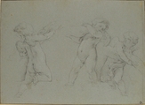 Putti Supporting a Garland, François Le Moyne (French, Paris 1688–1737 Paris), Black chalk on blue paper; framing lines in pen and brown ink. A vertical strip measuring .6 cm has been added at right.