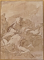 The Good Samaritan, Giovanni Antonio Guardi (Italian, Vienna 1699–1766 Venice), Pen and brown ink, brush and brown wash, over black chalk; squared for transfer in black chalk; framing lines in pen and brown ink