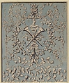 Design for Upright Decorative Panels, Anonymous, French, 18th century, Pen and gray ink, brush and gray wash with background in brush and blue wash. Cut at the bottom