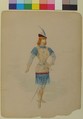 Costume Design for a Cavalier (?) in Blue and Burgundy with Feathered Cap and Sword, Charles Bianchini (French, Lyons 1860–1905 Paris), Pen and black ink, watercolor, and blue pencil