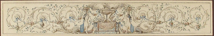 Design for a Frieze with a Censer, Sphinxes and Acanthus Scrolls, Gilles Paul Cauvet (French, Aix 1731–1788 Paris), Pen and brown and gray ink, watercolor, heightened with white