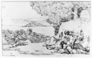 Sleep: sketch for the painting, now in the museum at Lille, Pierre Puvis de Chavannes (French, Lyons 1824–1898 Paris), Pen and brown ink on tracing paper