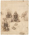 Compositional Sketches for the Virgin Adoring the Christ Child, with and without the Infant St. John the Baptist; Diagram of a Perspectival Projection (recto); Slight Doodles (verso), Leonardo da Vinci (Italian, Vinci 1452–1519 Amboise), Silverpoint, partly reworked by the artist with pen and dark brown ink on pink prepared paper; lines ruled with metalpoint (recto); pen and brown ink (verso)
