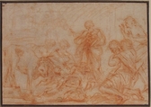 The Adoration of the Shepherds, Anonymous, French, 17th century, Red chalk; framing lines in pen and black ink