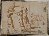 Enthroned Warrior Distributing Crowns, attributed to Francesco Allegrini (Italian, Cantiano (?) 1615/20–after 1679 Gubbio (?)), Pen and brown ink, brush and brown wash; framing lines in pen and brown ink on mount