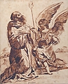 Saint with Angel and Putto, After Guercino (Giovanni Francesco Barbieri) (Italian, Cento 1591–1666 Bologna), Pen and brown ink, brush and dark brown ink, over leadpoint.