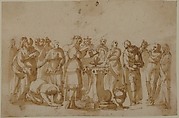 Scene of Sacrifice, attributed to Francesco Allegrini (Italian, Cantiano (?) 1615/20–after 1679 Gubbio (?)), Pen and brown ink, brush and brown wash.  Framing lines in black chalk, and pen and brown ink on mount