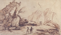 Rocky Landscape with Eight Figures, Imitator of Guercino (Giovanni Francesco Barbieri) (Italian, Cento 1591–1666 Bologna), Pen and dark brown ink, brush and dark brown ink.