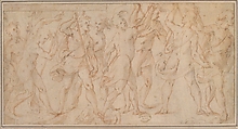Procession of figures, Carlo Urbino (Italian, Crema ca. 1510/20–after 1585 Crema), Pen and brown ink, brush and pale brown wash, over red chalk
