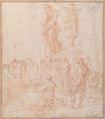 Figure Studies:  Woman holding a Shield, a Dancing Female, and a Priest Supported at an Altar before a Group of Onlookers, Bernardino Poccetti (Italian, San Marino di Valdelsa 1548–1612 Florence), Red chalk