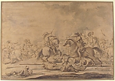 Cavalry Battle, After Jacques Courtois (French, Saint-Hippolyte 1621–1676 Rome), Pen and bistre, washed with bistre and ink