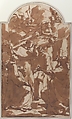 Christ in Glory with Saint Lawrence, Saint Anthony of Padua, Saint Ignatius of Loyola, and Saint Eligius., Attributed to Ubaldo Gandolfi (Italian, San Matteo della Decima 1728–1781 Ravenna), Pen and brown ink, brush and brown wash, over traces of graphite