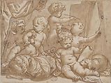 Putti with the Attributes of the Arts, Domenico Piola (Italian, Genoa 1627–1703 Genoa), Pen and brown ink, brush and brown wash over some charcoal