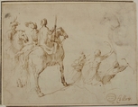 Horsemen and Archers, attributed to Francesco Allegrini (Italian, Cantiano (?) 1615/20–after 1679 Gubbio (?)), Pen and brown ink. Framing lines in pen and brown ink
