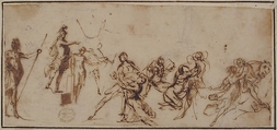 The Rape of the Sabines, attributed to Francesco Allegrini (Italian, Cantiano (?) 1615/20–after 1679 Gubbio (?)), Pen and brown ink, over a little black chalk.  Framing lines in pen and brown ink on mount