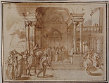 Figures before a Palace or Temple, Attributed to Francesco Allegrini (Italian, Cantiano (?) 1615/20–after 1679 Gubbio (?)), Pen and brown ink, brush and brown wash, over a little red chalk; raming lines in pen and brown ink on mount