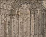Design of a Perspective for a Stage Set with Courtyard and Triumphal Arch, Ferdinando Galli Bibiena (Italian, Bologna 1657–1743 Bologna) - circle of, Pen and brown ink, brush and green and gray wash, over traces of leadpoint with some traces of white gouache