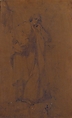 Standing Draped Male Figure, His Left Arm Resting on a Pillar, Cesare Dandini (Italian, Florence 1596–1657 Florence), Black chalk (with some traces of reworking in graphite by a restorer), on dark brown washed paper; glued onto secondary paper support.