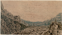 The Enclosed Valley, Hercules Segers (Dutch, ca. 1590–ca. 1638), Line etching printed on cloth with a creme tinted ground, colored with brush; first state of four