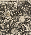 Battle scene in a landscape with soldiers on horseback and several fallen men, another group of riders in the background, Marco Dente (Italian, Ravenna, active by 1515–died 1527 Rome), Engraving