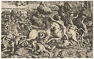 Battle scene in a landscape with soldiers on horseback and several fallen men, another group of riders in the background, Marco Dente (Italian, Ravenna, active by 1515–died 1527 Rome), Engraving