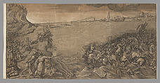 The crossing of the red sea, Moses stands at the left pointing to the army being submerged, after Titian, Andrea Andreani Italian, Chiaroscuro woodcut from four blocks in brown-green, extra strip from another impression with brown hue added across top