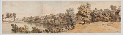 Italianate river landscape, William Taverner British, Watercolor, gouache (bodycolor) and iron gall ink over graphite on three joined sheets