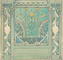 Design for a wall decoration with peacock, cranes, and sunflowers for the restaurant in Hotel Langham (Paris), Emile Hurtré (French, born Nice, active Paris ca. 1890–1900), Pen and black, blue, and metallic ink, watercolor, over graphite