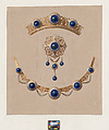 Parure of diadem, brooch and necklace with lapis lazuli and enamel, Alexis Falize  French, Graphite, pen and black ink, watercolor and gouache on brown paper
