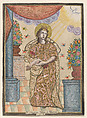 Saint Alena, Anonymous, 18th century, Mixed media with hand-colored engraving, fabric, lace, and paint on paper