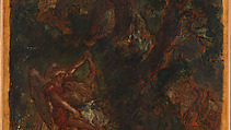 Jacob Wrestling with the Angel, Eugène Delacroix (French, Charenton-Saint-Maurice 1798–1863 Paris), Oil over pen and ink on tracing paper; mounted on canvas and backed with linen